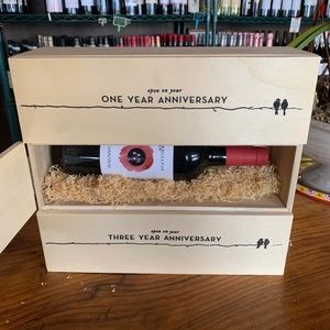 Lovebirds Anniversary Wood Wine Box (wine not included).Cheers!